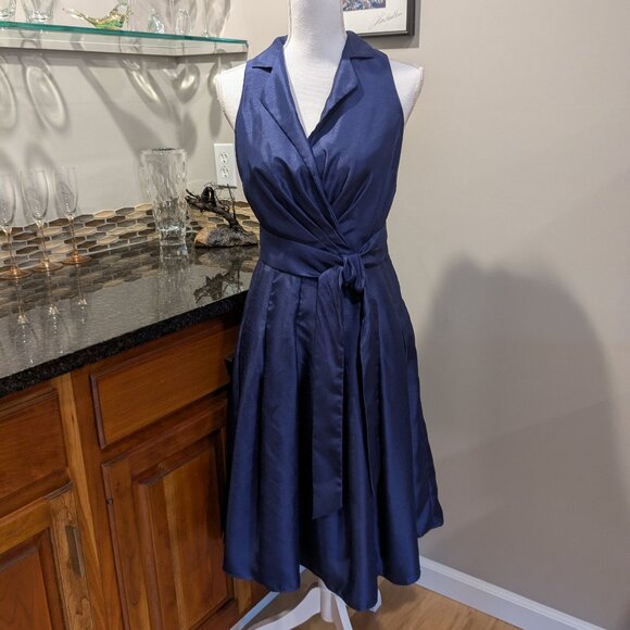 Evan Picone Belted Faux Wrap Dress Womens Size 6 Royal Blue Navy Cocktail Midi - Picture 2 of 5